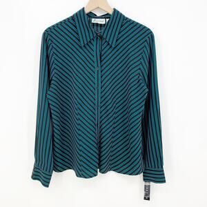 Joanna Button Front Stripe Shirt L Stretch Long Sleeve Black Blue Career Office